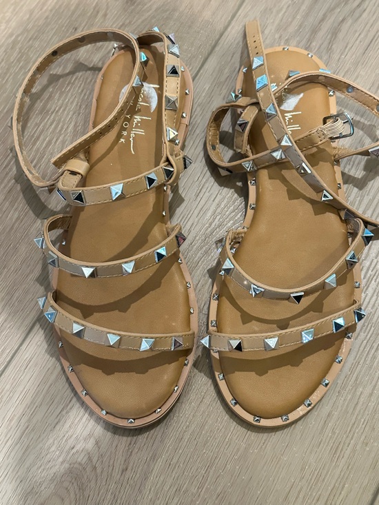 Nicole Miller New York Shoes - Stud-Trim Tan Strappy Sandals with Wraparound Ankle